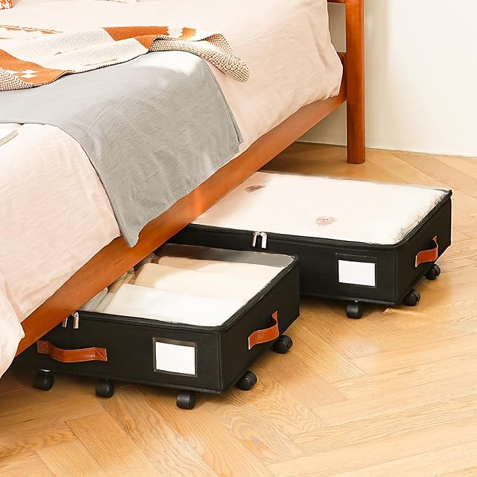 Under Bed Storage Organizer with Wheels, Underbed Container with Clear Lid Cover, Storage Bag Box with Visiable Window for Clothes, Bedsheet, Pillow, 2 Pack，5.5 inches