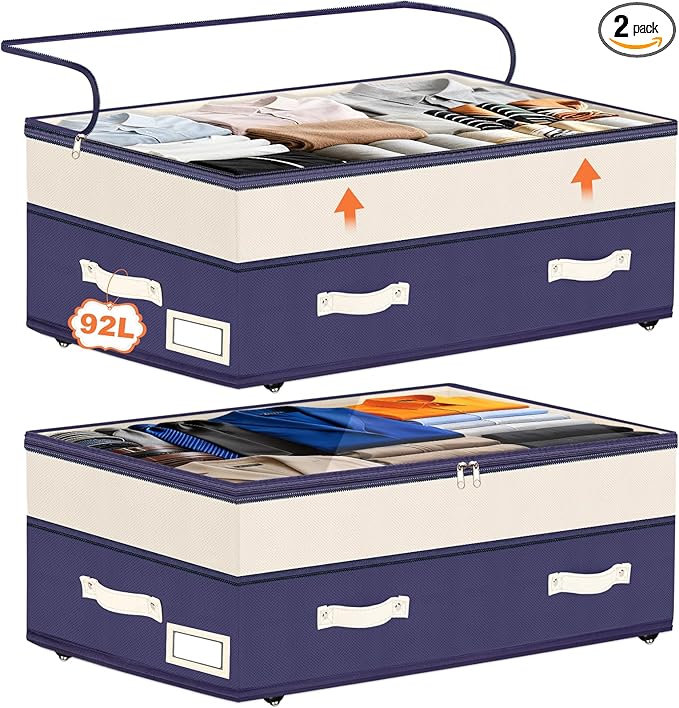 Dolicer 2 Pack Under Bed Storage with Wheels, 6in-10in Height Adjustable Underbed Storage Containers, 92L XXXL Under Bed Drawers Rolling Bin with Clear Lids for Dorm Shoes Clothes Organizers(Blue)