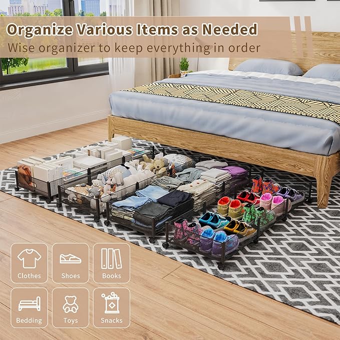 47.2'' Long Under Bed Storage on Wheels, 57.6L Large Capacity Rolling Under the Bed Storage Containers, Tool-Free Assembly Foldable Underbed Shoes Clothes Toy Drawers