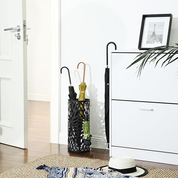 SONGMICS Umbrella Stand, Umbrella Holder for Entryway, Steel Round Umbrella Rack Freestanding, for Canes Walking Sticks, with a Detachable Drip Tray, 2 Long and 2 Short Hooks, Matte Black ULUC022B01