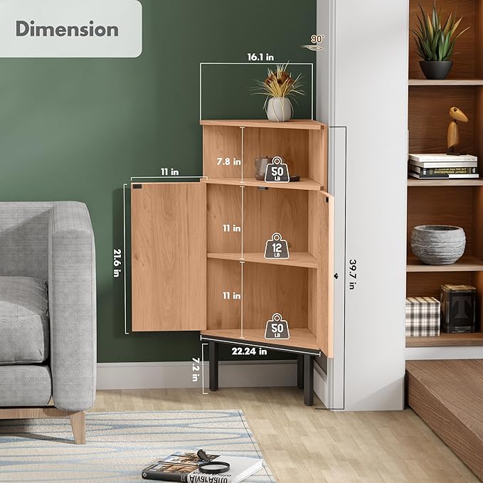 Yechen 39.7" Corner Storage Cabinet with Adjustable Shelf and Rattan Doors, Small Boho Corner Shelf Stand with Open Storage, Freestanding Cabinet for Bathroom, Living Room/Metal Legs/Light Brown