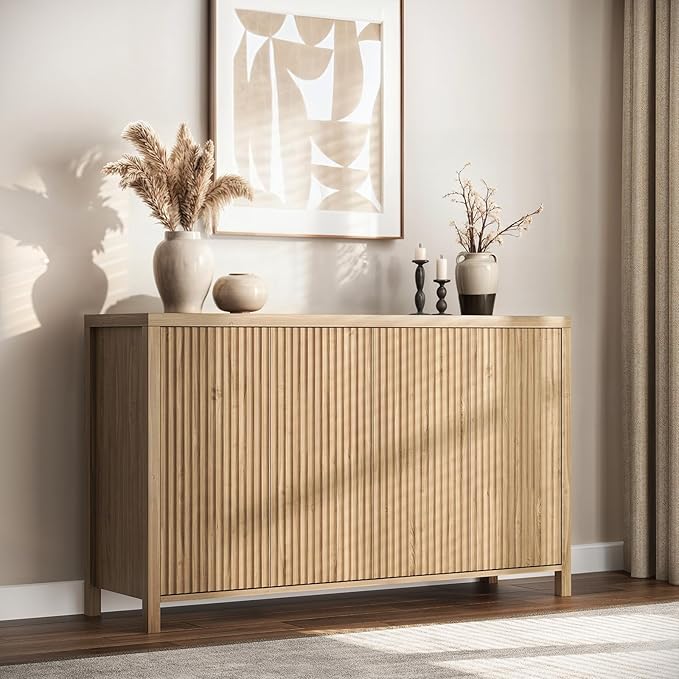 YOUDENOVA Fluted Buffet Cabinet with Storage Set of 2, Modern Sideboard Cabinets with 4 Doors & Adjustable Shelves, Accent Credenza Storage Cabinet, Wood Entryway Cabinet for Living Room, Natural
