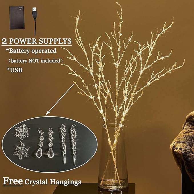 Hairui Lighted Branches with Iredescent Glitter 120 Fairy Lights USB Plug in and Battery Operated with Timer, White Twig Branches with Lights 32IN for Home Christmas Decorations Inside