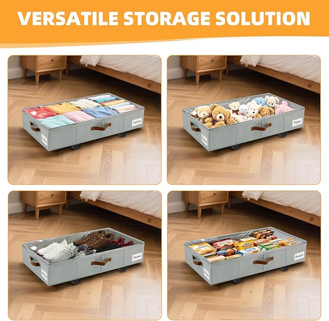 2 Pack Under Bed Storage with Wheels – 30.5×17×5.5 Inch, Underbed Storage with Sturdy Sidewalls/Bottom, Clear Cover, Label and PU Handle, Rolling Under Bed Drawers for Clothes, Shoes, Toys, Blankets