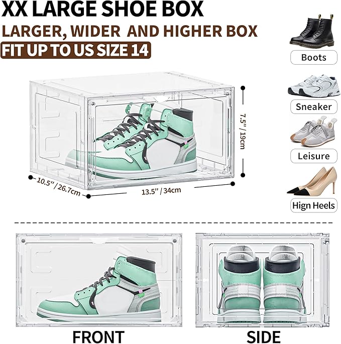 10 Pack XX Large Shoe Organizer, Heavy-Duty Hard Thicken Plastic Clear Stackable Shoe Storage Box Organizer for Closet, Space-Saving Shoe Rack Display Case Bin Containers for Sneakers, Clear