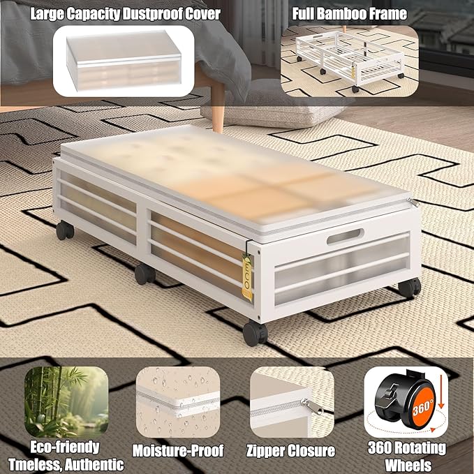 Under Bed Storage Containers with Wheels, Larger Bamboo Wood Under Furniture Storage Containers with Dust Bags，Rolling for Shoes Clothes