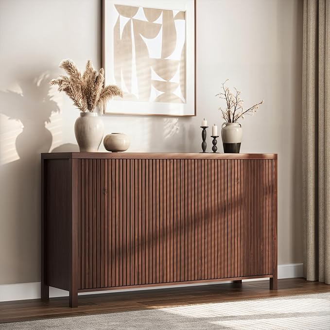 YOUDENOVA Fluted Buffet Cabinet with Storage Set of 2, Modern Sideboard Cabinets with 4 Doors & Adjustable Shelves, Accent Credenza Storage Cabinet, Wood Entryway Cabinet for Living Room, Brown