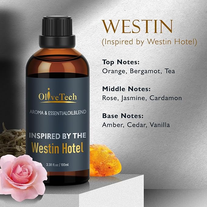 Hotel Diffuser Oil Inspired by Westin Hotel Scent, OliveTech Aromatherapy Fragrance Oil for Cold Air & Ultrasonic Diffusers, 100ml / 3.38 ft oz Glass Bottle