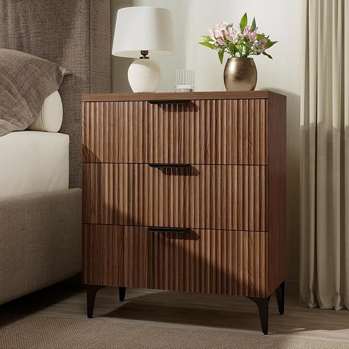 Wood Night Stand Set Fluted Dresser for Bedroom 3 Drawers End Tables Nightstand, Storage Modern Side Table Natural Walnut Bedside Table