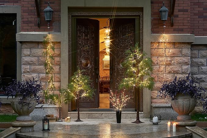 Hairui Pre Lit Christmas Pine Tree 195 Fairy Lights 6FT Plug in, Lighted Faux Cypress Tree with Red Berry for Indoor Outdoor Home and Holiday Decoration