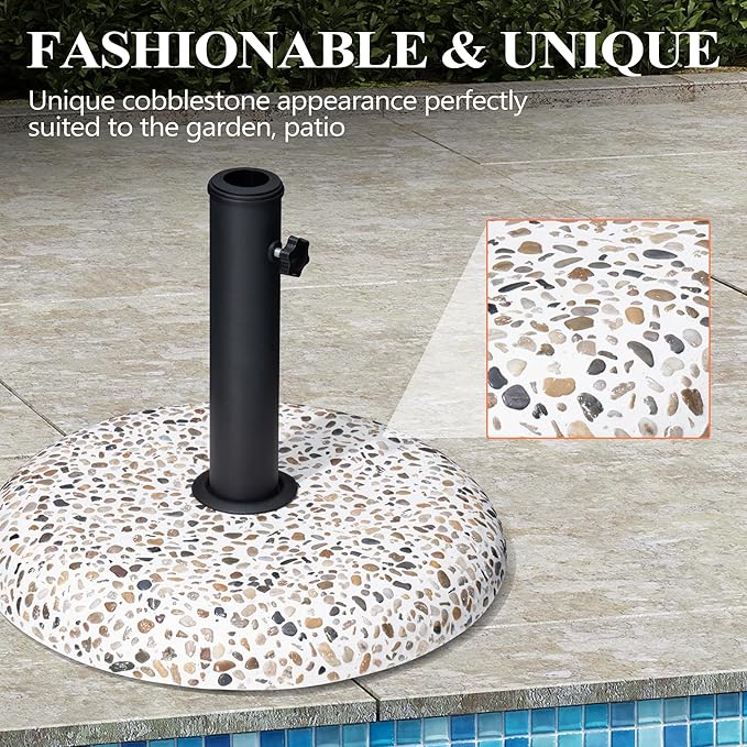 45lbs Patio Umbrella Base, Outdoor Umbrella Stand, Concrete with Cobblestone Decor Heavy Duty Umbrella Holder Outdoor Base for Deck Poolside Yard (Cobblestone)