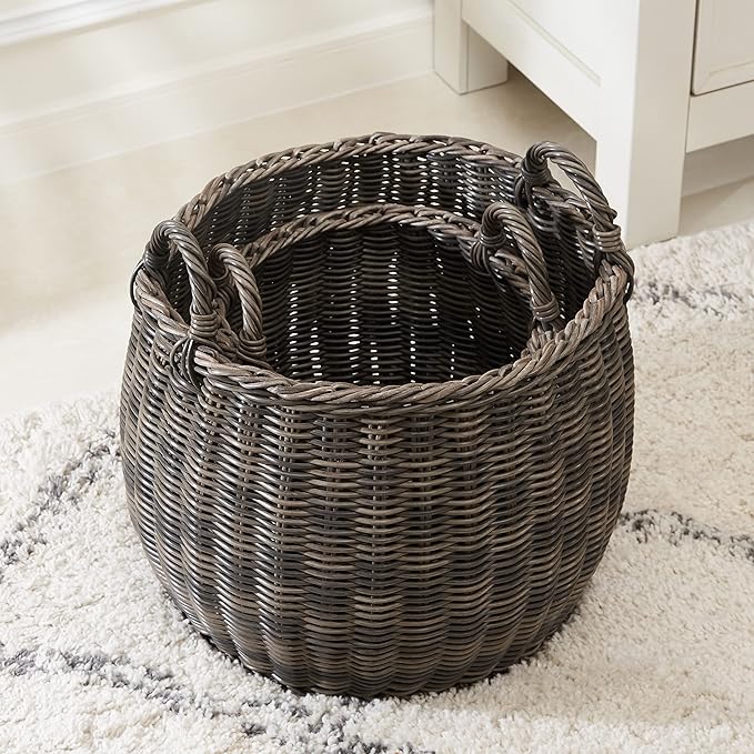 Set of 2 CATLEZA 13-inch and 16.5-inch Stackable Hand Woven Wicker Storage and Laundry Basket with Handles - Espresso