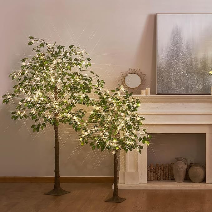 Hairui Artificial Ficus Silk Tree Lights 6FT 264 LED Fairy Lights, Faux Plant Tree with Lights for Home Room Spring Summer Christmas Decoration Indoor