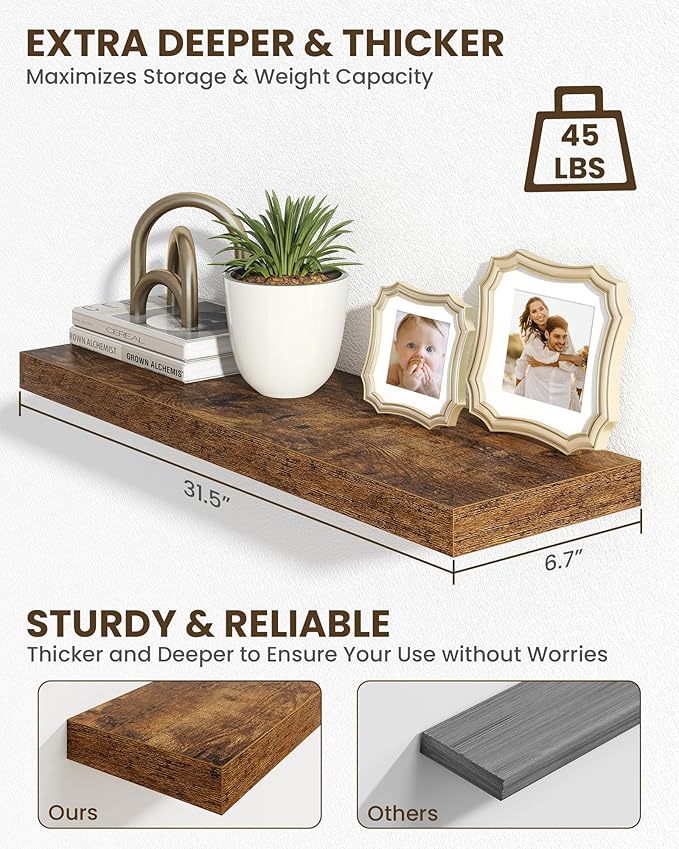 Marsmiles 32" Floating Shelves for Wall, Wooden Shelves with Invisible Brackets Set of 2, Rustic Farmhouse Wall Mounted Shelf for Kitchen Bathroom Living Room Study, Rustic Brown