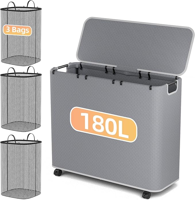 Yecaye 180L Laundry Basket With Lid and Removable 3 Bags, Large Rolling Laundry Hamper with Lid, 3 Section Rolling Clothes Storage With Wheels, Clothes Hamper with Wheels For Laundry Room, Grey