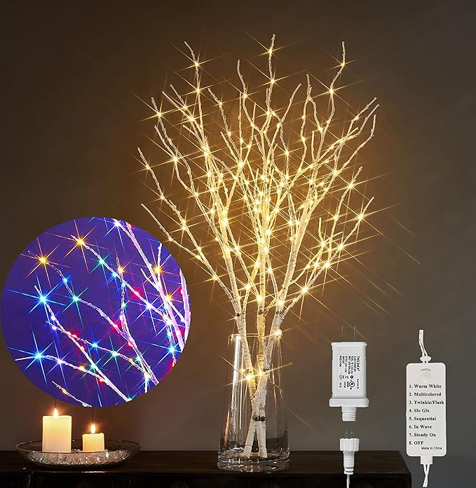 LITBLOOM Lighted Birch Twig Branches Plug in with 8 Function150 Multi Color and Warm White Fairy Lights 30IN for Christmas Holiday Home Decoration Indoor Outdoor