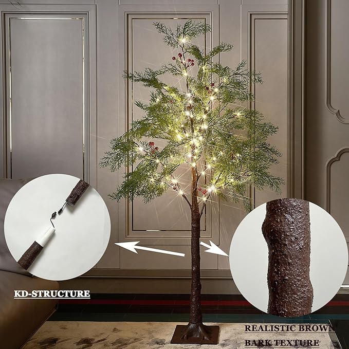 Hairui Lighted Christmas Pine Tree 90 LED Fairy Lights 4FT Plug in, Faux Cypress Tree Lights with Red Berry for Indoor Outdoor Home Holiday Decoration