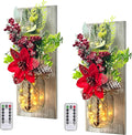 Mason Jars Sconce Decor Rustic Wall Sconces Handmade Wall Art Hanging Design with Remote Control LED Fairy Lights and Red Berry, Xmas Farmhouse Wall Home Decor Living Room Lights Set of Two