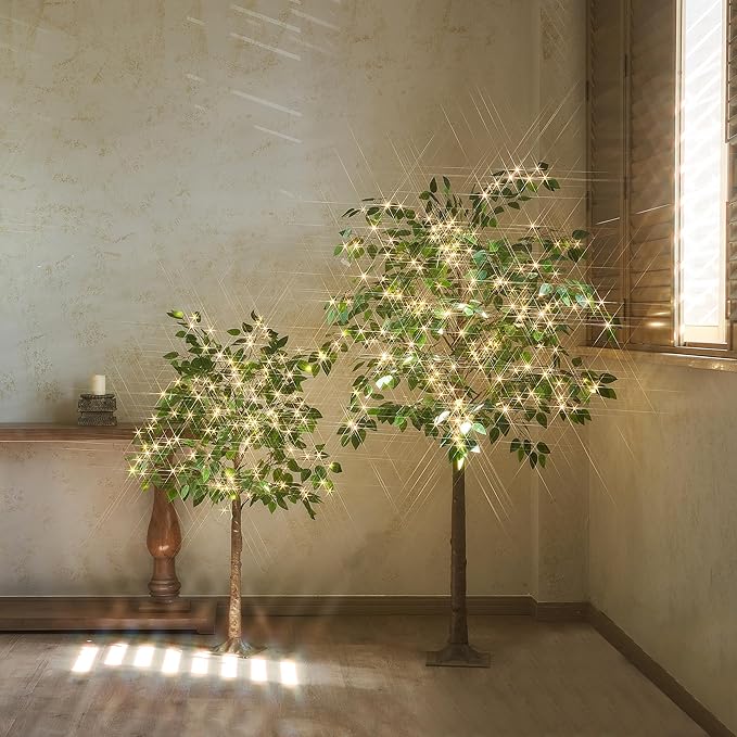 Hairui Artificial Ficus Silk Tree Lights 6FT 264 LED Fairy Lights, Faux Plant Tree with Lights for Home Room Spring Summer Christmas Decoration Indoor