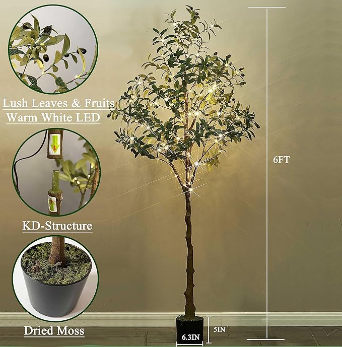 Hairui Lighted Olive Tree with 300 Warm White Fairy Lights 6FT with Dimmer and Timer, Faux Greenery Tree Lights for Indoor Outdoor Home Decoration