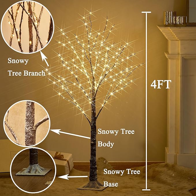 Hairui Lighted Snow Dusted Twig Tree with 200 LED Fairy Lights 4FT for Indoor Outdoor Home Thanksgiving Christmas Holiday Decoration