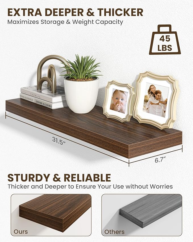 Marsmiles 32" Floating Shelves for Wall, Wooden Shelves with Invisible Brackets Set of 2, Rustic Farmhouse Wall Mounted Shelf for Kitchen Bathroom Living Room Study, Walnut