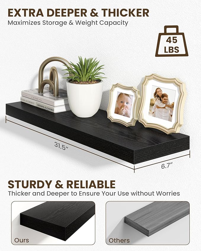 Marsmiles 32" Floating Shelves for Wall, Wooden Shelves with Invisible Brackets Set of 2, Rustic Farmhouse Wall Mounted Shelf for Kitchen Bathroom Living Room Study, Black