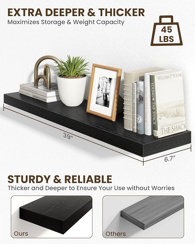 Marsmiles 40" Floating Shelves for Wall, Wooden Shelves with Invisible Brackets Set of 2, Rustic Farmhouse Wall Mounted Shelf for Kitchen Bathroom Living Room Study, Black