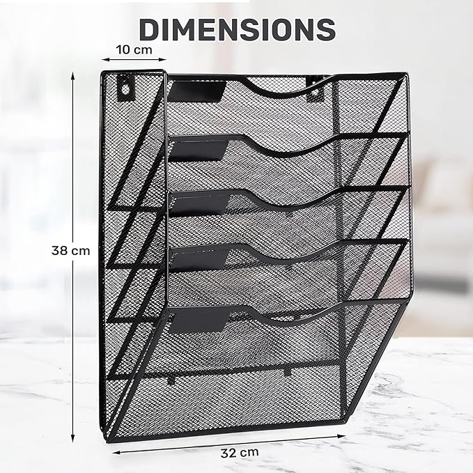 ZYLEN Wall File Holder – Sleek Black Metal Organizer for Documents and Folders, Home, and Classroom – Compact and Stylish Storage Solution for Papers, Folders, and Files (38 x 32 x 10 cm)