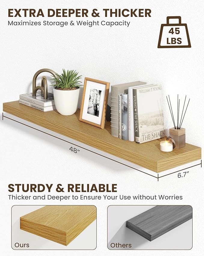 Marsmiles 48" Floating Shelves for Wall, Wooden Shelves with Invisible Brackets Set of 2, Rustic Farmhouse Wall Mounted Shelf for Kitchen Bathroom Living Room Study, Natural Oak