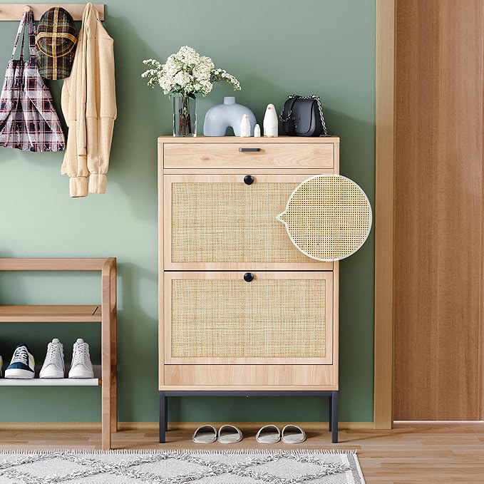 Yechen Shoe Rack Storage Organizer with 2 Natural Rectangular Rattan Doors, Entryway Wooden Shoe Cabinet for Sneakers, Leather Shoes, High Heels, Slippers (1 Piece, Oak)