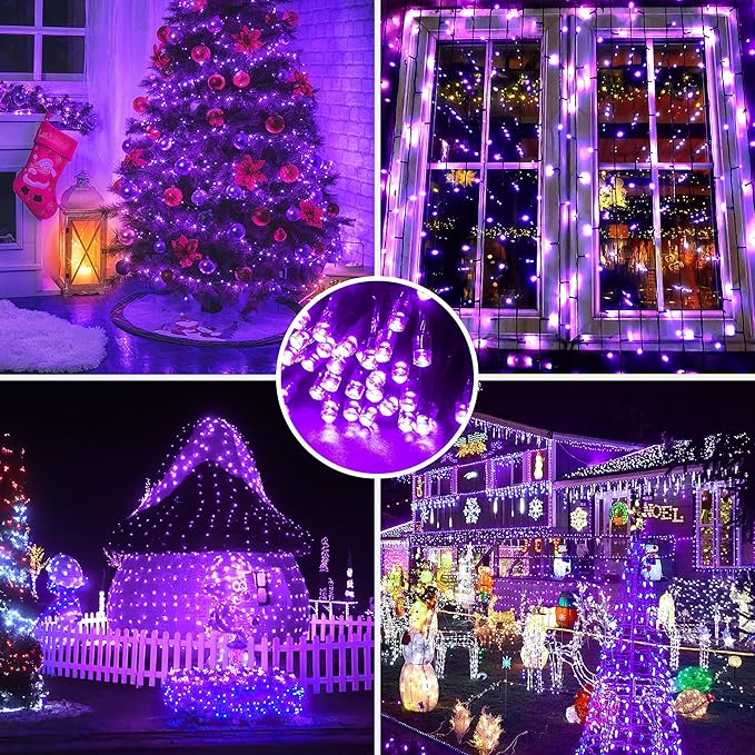AmyHomie Purple Christmas Lights, 108Ft 300LED Halloween String Lights, 8 Modes Waterproof Fairy Lights for Outdoor & Indoor Home Patio Garden Party Wedding Decor