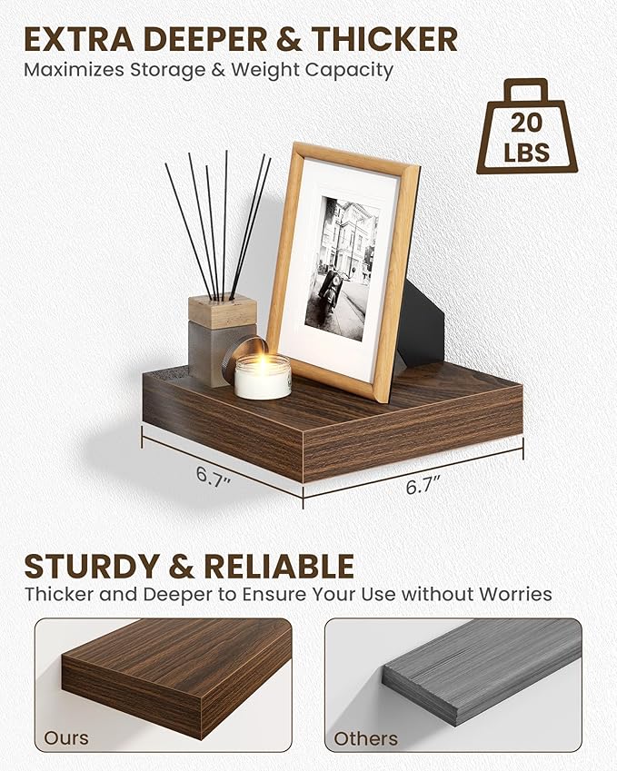 Marsmiles 6.7" Floating Shelves for Wall, Wooden Shelves with Invisible Brackets Set of 2, Rustic Farmhouse Wall Mounted Shelf for Kitchen Bathroom Living Room Study, Walnut