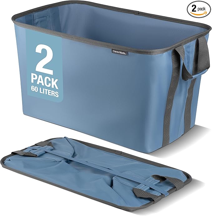 CleverMade Collapsible Laundry Basket Hamper - Denim Shadow Gray 2-Pack 60L - Space Saving Storage Organizer with Handles Foldable Home Organization