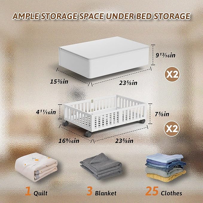 Bamboo Under Bed Storage Containers with Wheels, 2 Pack Under the Bed Shoe Storage Bins, Wood Rolling Underbed Drawers Organizer for Bedroom, Closet, Clothes Blanket Comforter and Under Crib Toy White