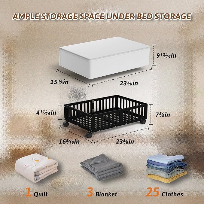 Bamboo Under Bed Storage Containers with Wheels, Rolling Under the Bed Shoe Storage Bins, Wood Stackable Underbed Drawers with Bag Organizer for Bedroom Closet Clothing Sweater Under Crib Toy Black