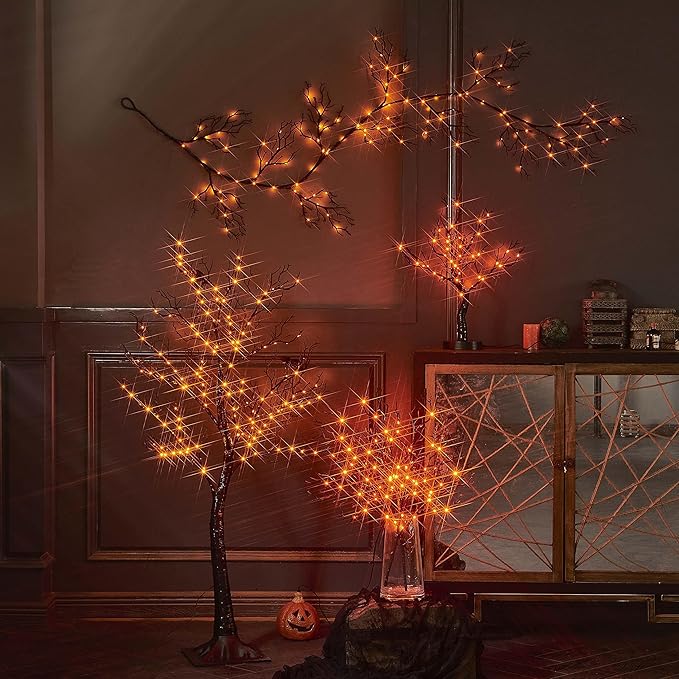 Birchlitland Halloween Tree with Lights 150 Orange Fairy Lights, 4TF Tell Black Glittered Tree Lights Pull in for Indoor and Outdoor Halloween Party Decoration