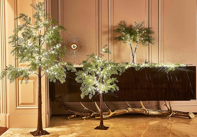 Hairui Pre Lit Christmas Pine Tree 195 Fairy Lights 6FT Plug in, Lighted Faux Cypress Tree with Red Berry for Indoor Outdoor Home and Holiday Decoration