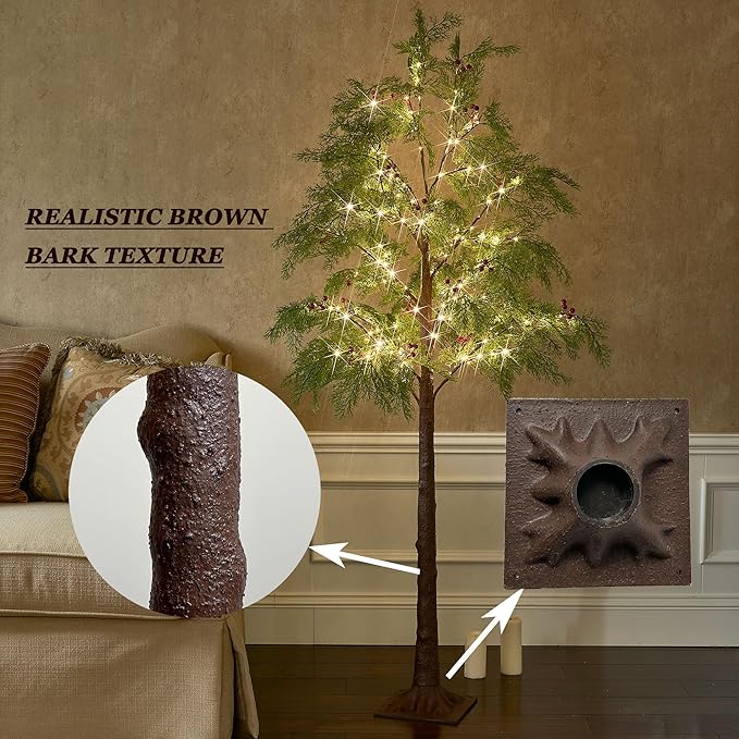 Hairui Pre Lit Christmas Pine Tree 195 Fairy Lights 6FT Plug in, Lighted Faux Cypress Tree with Red Berry for Indoor Outdoor Home and Holiday Decoration