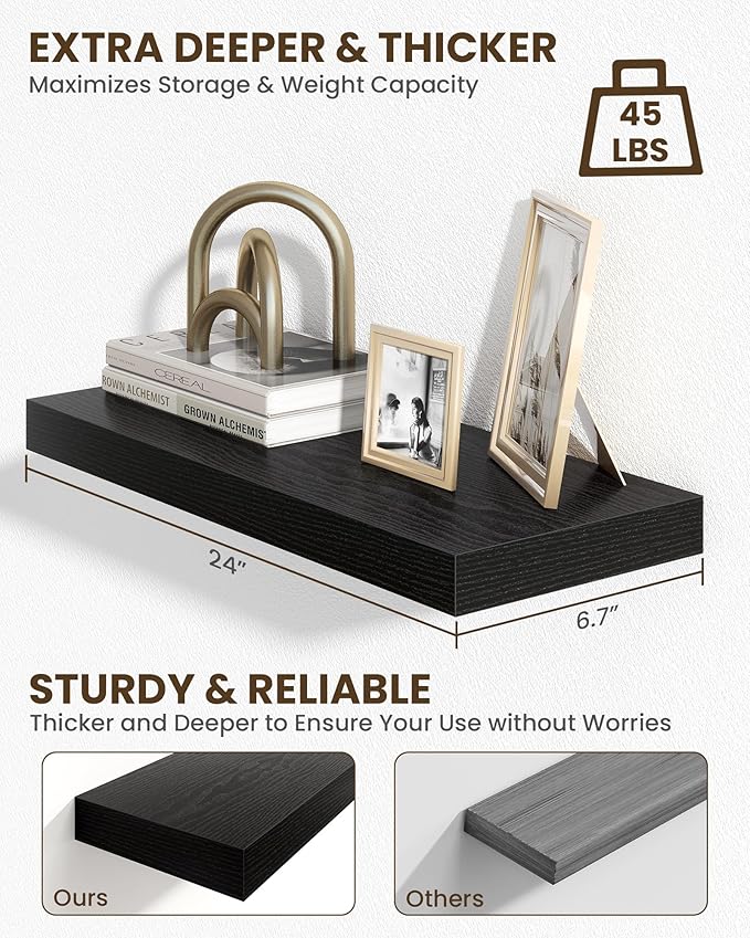 Marsmiles 24" Floating Shelves for Wall, Wooden Shelves with Invisible Brackets Set of 2, Rustic Farmhouse Wall Mounted Shelf for Kitchen Bathroom Living Room Study, Black