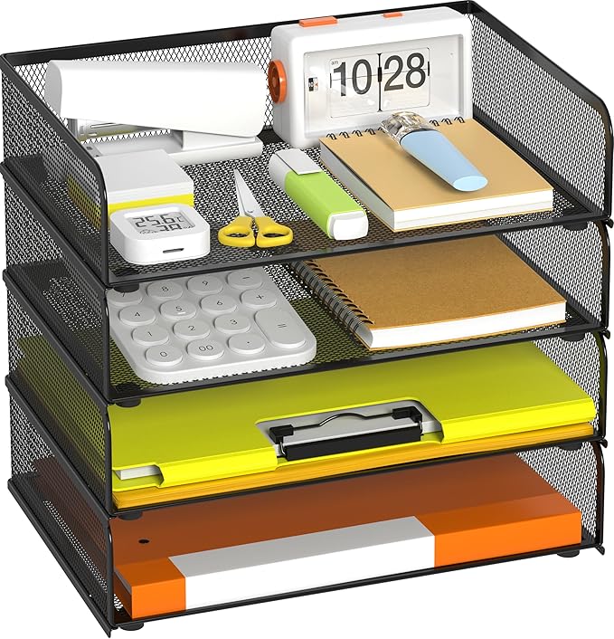 YINGHUA 4-Pack Metal Mesh Stackable Paper Letter Trays Organizer for Classroom,Office Desk File Sorter Holder Organizer Storage Box for Letter/A4 Size Folder Documents-Black