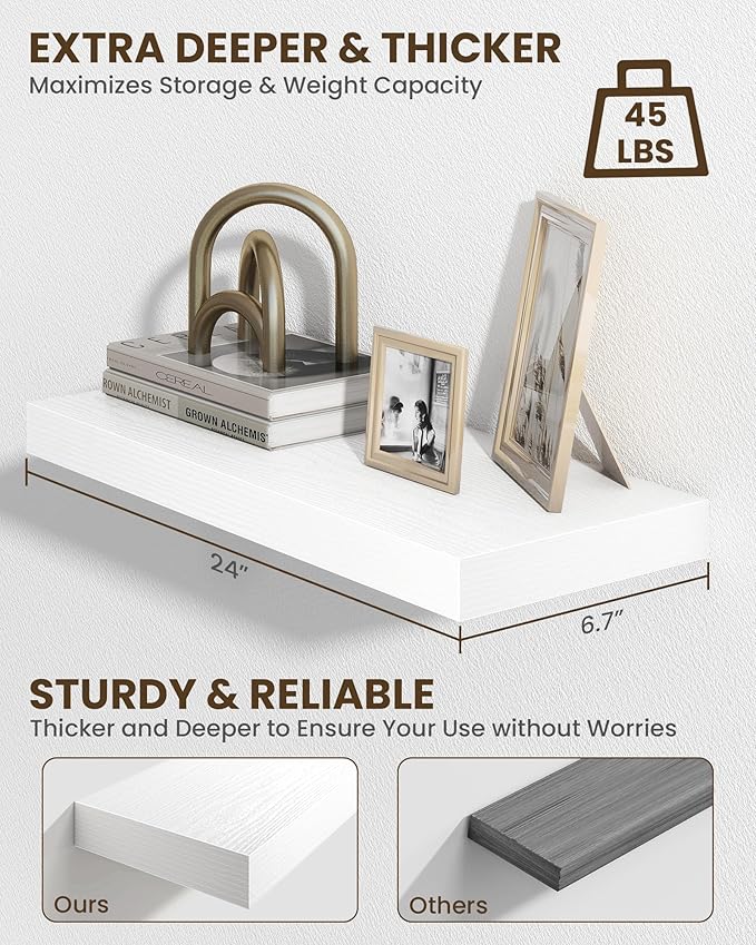 Marsmiles 24" Floating Shelves for Wall, Wooden Shelves with Invisible Brackets Set of 2, Rustic Farmhouse Wall Mounted Shelf for Kitchen Bathroom Living Room Study, White