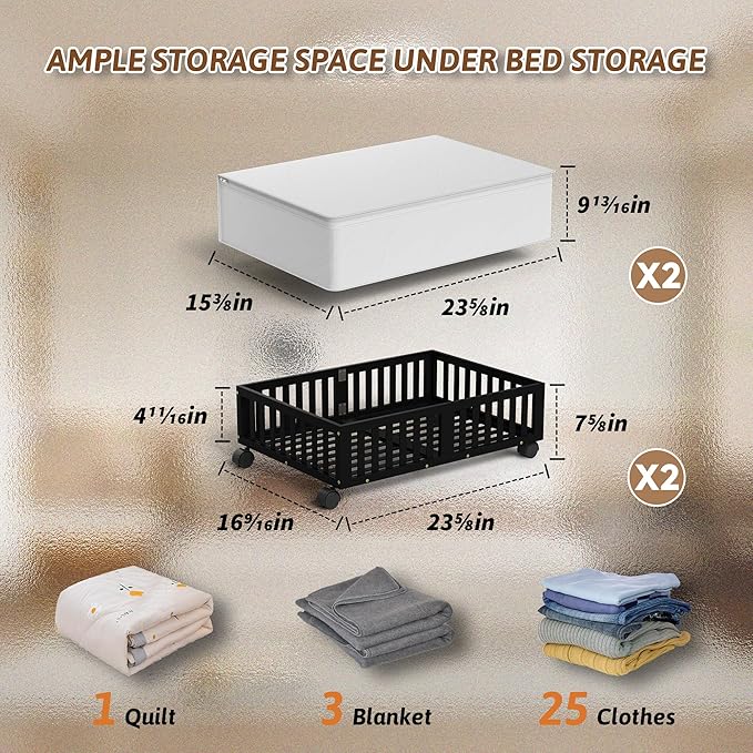 Bamboo Under Bed Storage Containers with Wheels, 2 Pack Under the Bed Shoe Storage Bins, Wood Rolling Underbed Drawers Organizer for Bedroom, Closet, Clothes Blanket Comforter and Under Crib Toy Black