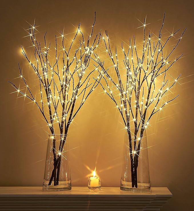 Hairui Lighted Twig Brown Branch with Fairy Lights 32in 150 LED Plug in Lighted Willow Branch for Christmas Wedding Party Decoration 2 Sets (Vase Excluded)