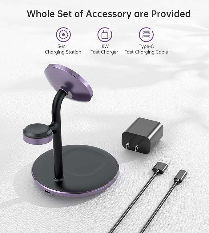 XooFly 3 in 1 Wireless Charging Station for Apple Devices, Fast Wireless Mag-Safe Charger Stand with 20W Adapter for iPhone 17/16 15 14 13 12 Pro Max/Pro/Plus/Air/Mini, iWatch, AirPods(Dark Purple)