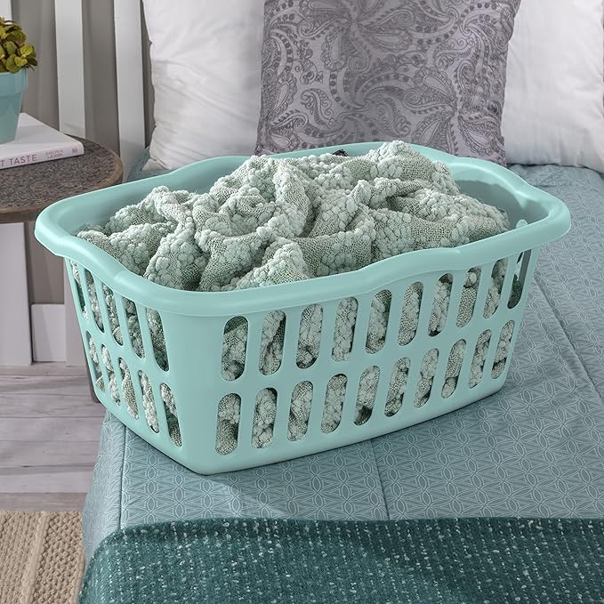 Sterilite 1.5 Bushel Rectangular Laundry Basket, Plastic, Classic Design for Carrying Clothes to and from the Laundry Room, White and Aqua, 12-Pack