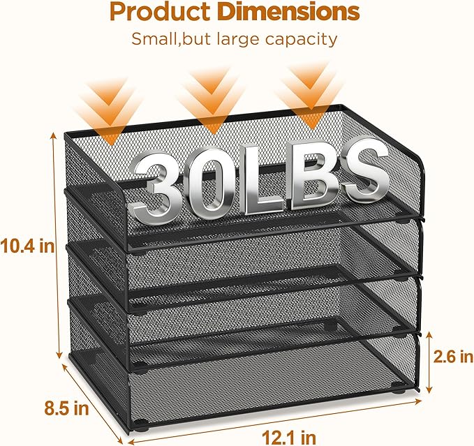 YINGHUA 4-Pack Metal Mesh Stackable Paper Letter Trays Organizer for Classroom,Office Desk File Sorter Holder Organizer Storage Box for Letter/A4 Size Folder Documents-Black