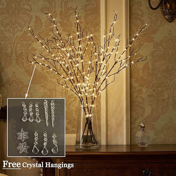 LITBLOOM Lighted Brown Willow Branches 200 Fairy Lights 32IN Plug in with Timer and Dimmer, Tree Branch with Lights for Home Holiday Christmas Decoration