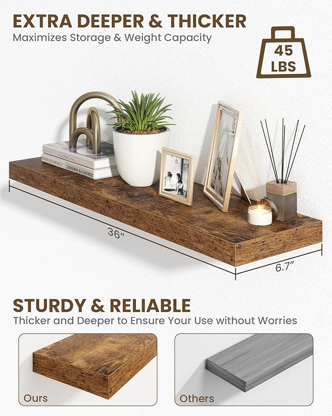 Marsmiles 36" Floating Shelves for Wall, Wooden Shelves with Invisible Brackets Set of 2, Rustic Farmhouse Wall Mounted Shelf for Kitchen Bathroom Living Room Study, Rustic Brown