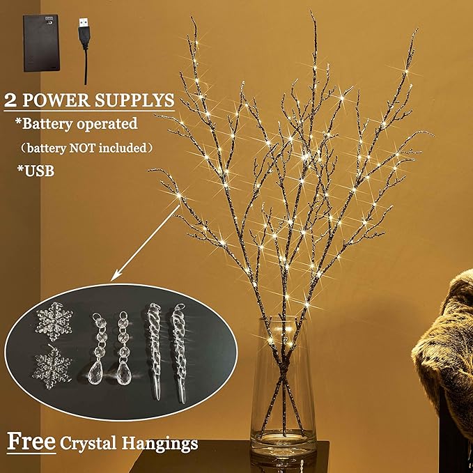 Hairui Lighted Willow Branches Silver Glittered 32IN 120 LED Fairy Lights with Timer, Twig Branch with Lights Battery Operated or USB Plug in for Home Fireplace Room Christmas Holiday Decoration